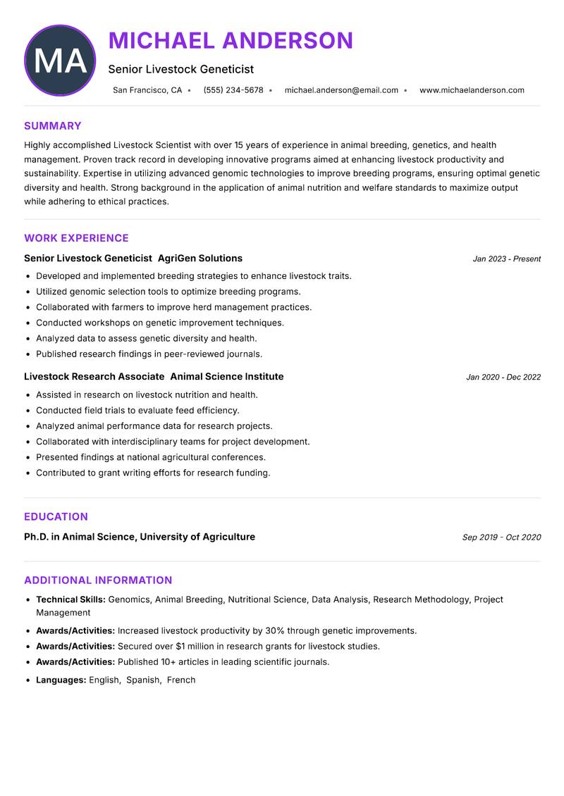 Livestock Scientist resume example — ATS-friendly template