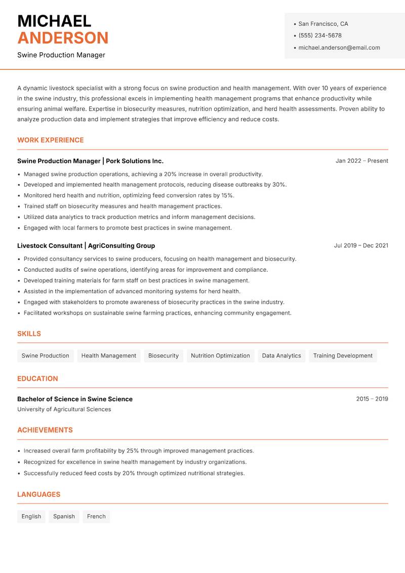 Livestock Specialist resume template — Modern Professional