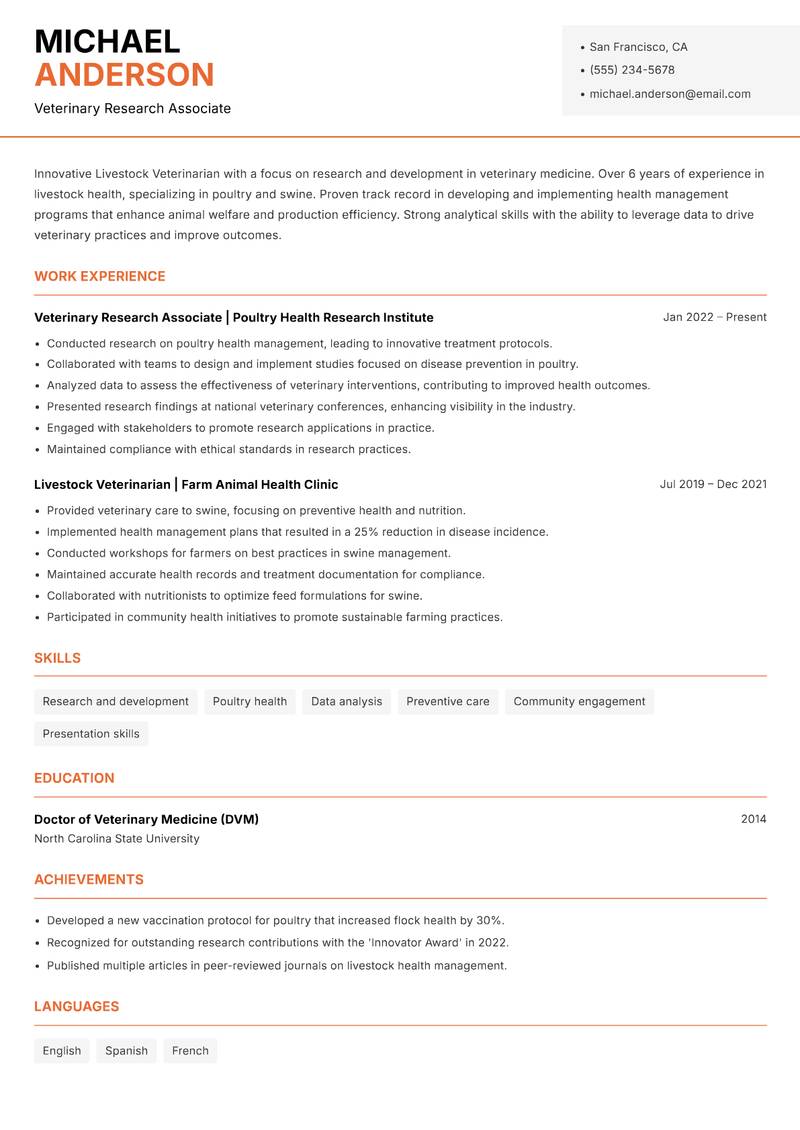 Livestock Veterinarian resume template — Modern Professional