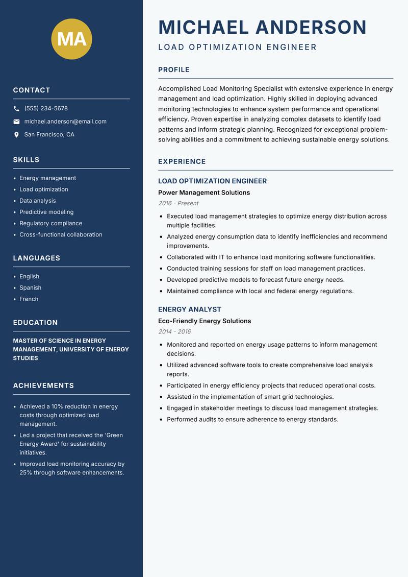 Load Monitoring Specialist resume template — Classic Clean