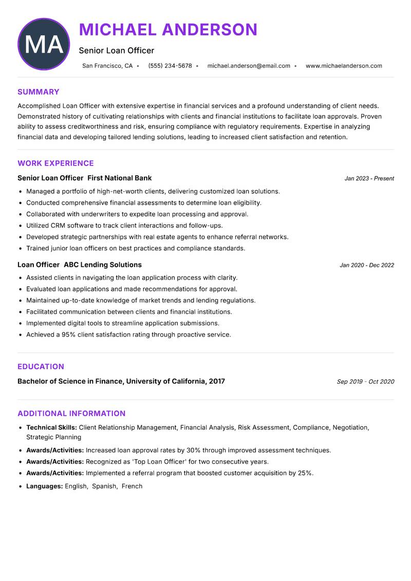 Loan Officer resume example — ATS-friendly template