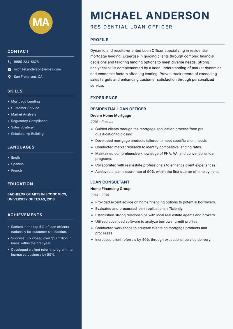Loan Officer resume template — Classic Clean