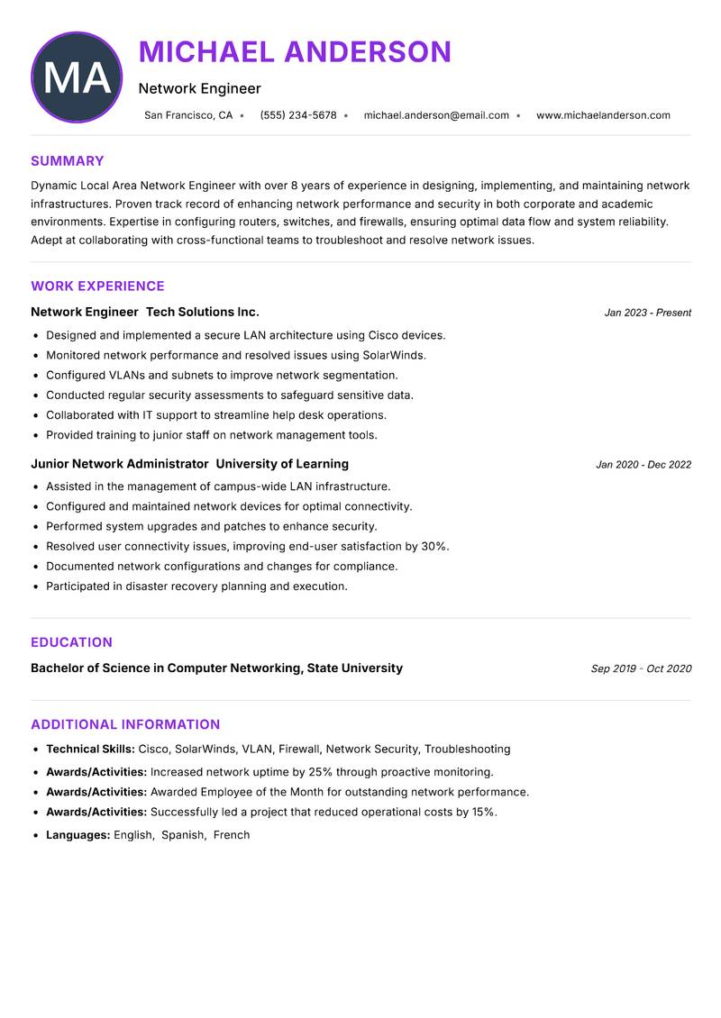 Local Area Network Engineer resume example — ATS-friendly template
