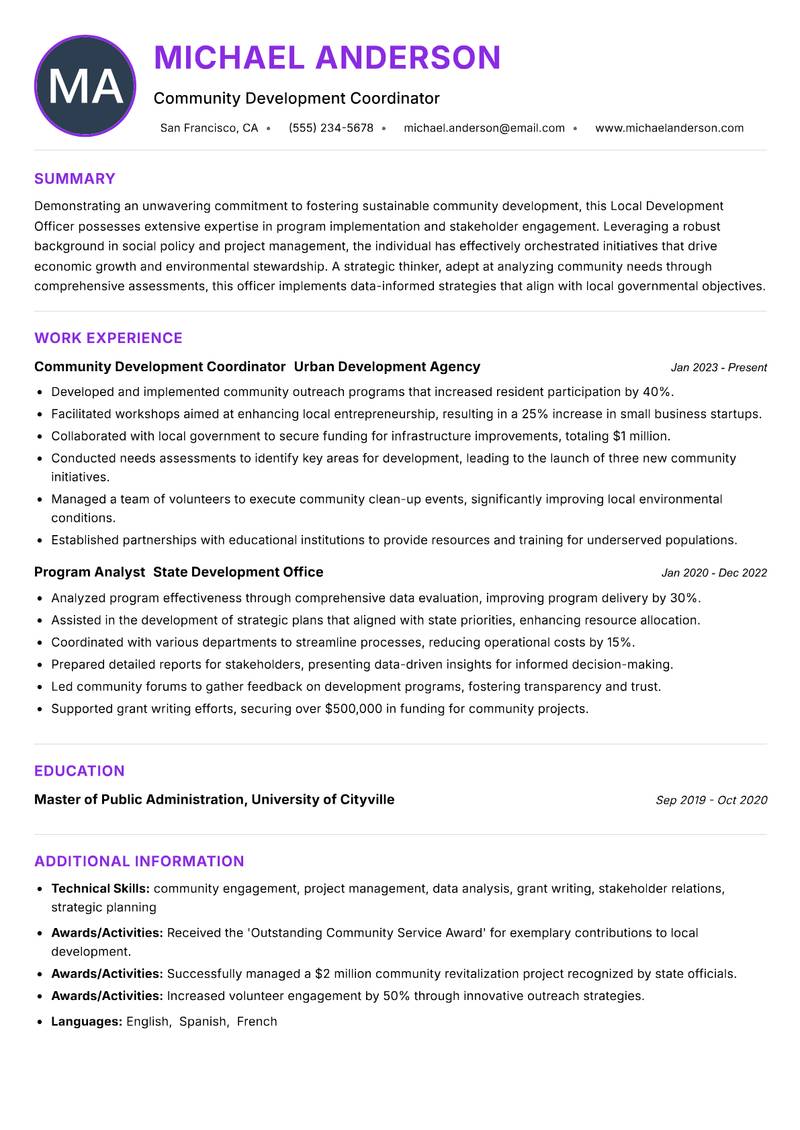 Local Development Officer resume example — ATS-friendly template
