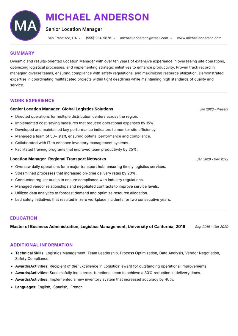 Location Manager resume example — ATS-friendly template