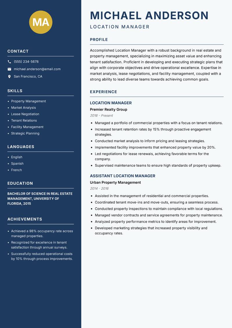 Location Manager resume template — Classic Clean