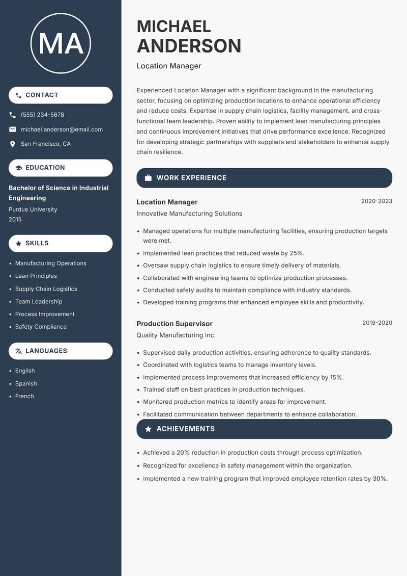 Location Manager resume template — Compact