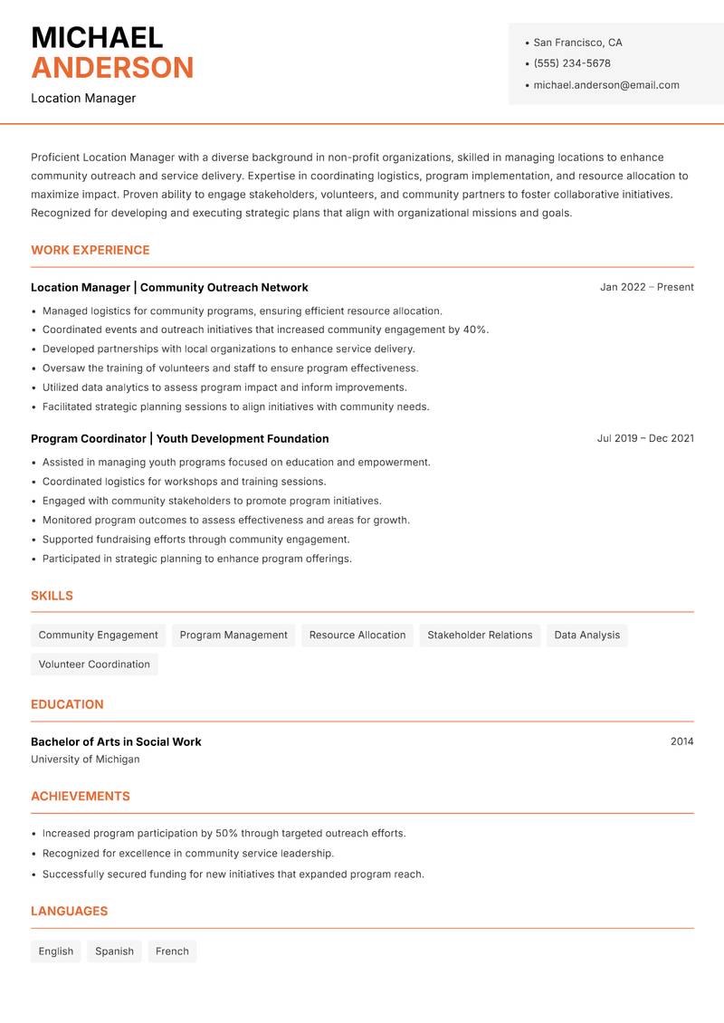 Location Manager resume template — Modern Professional