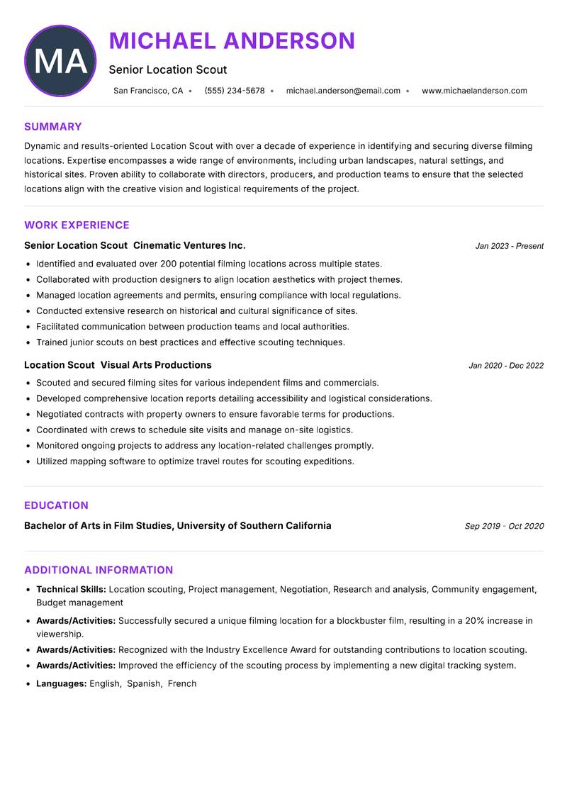 Location Scout resume example — ATS-friendly template