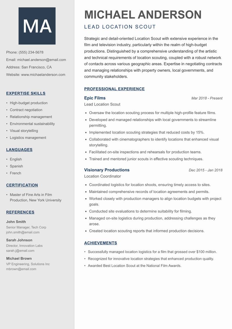 Location Scout resume template — Creative Minimal