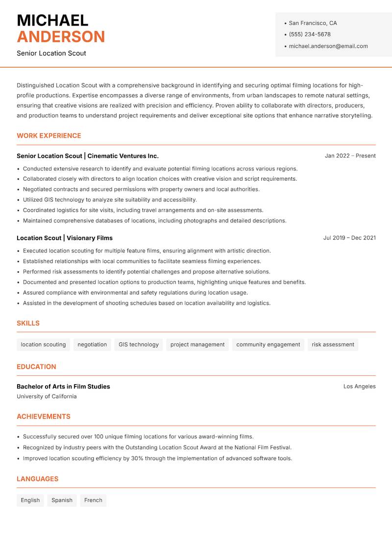 Location Scout resume template — Modern Professional
