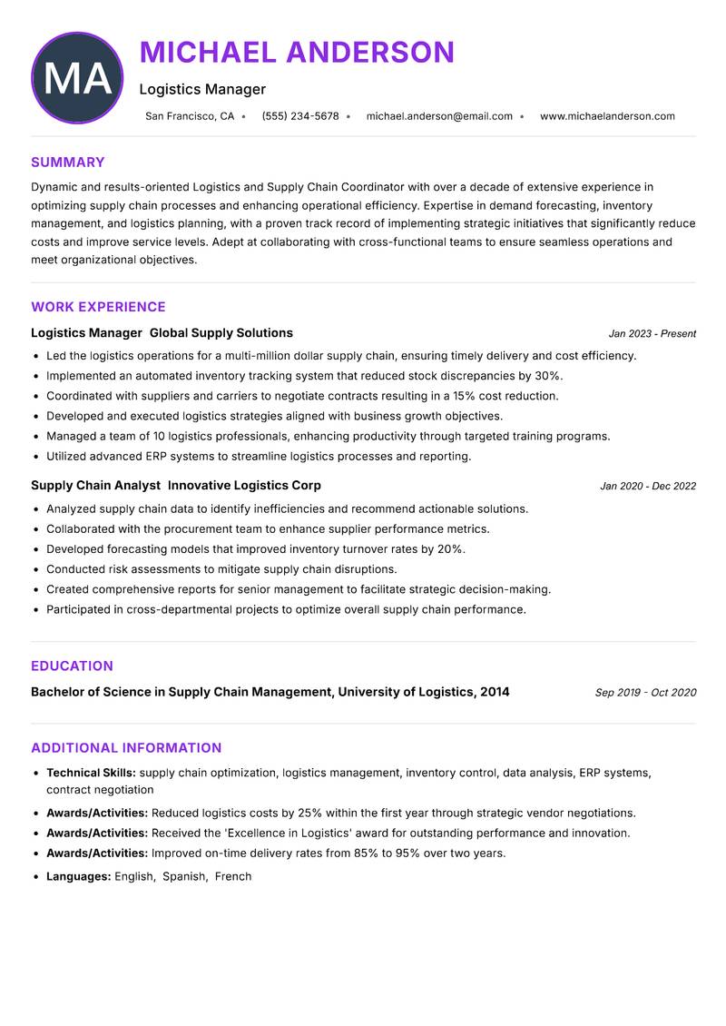 Logistics and Supply Chain Coordinator resume example — ATS-friendly template