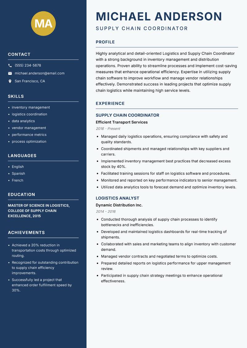 Logistics and Supply Chain Coordinator resume template — Classic Clean