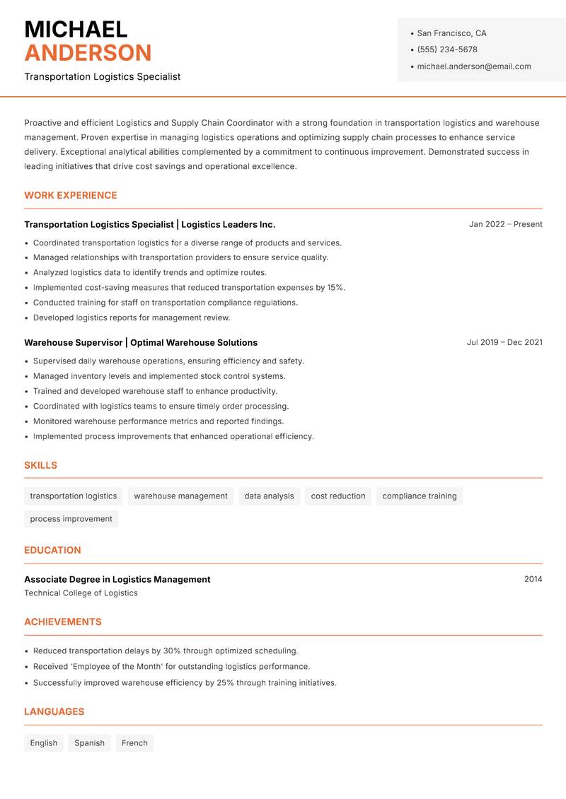 Logistics and Supply Chain Coordinator resume template — Modern Professional
