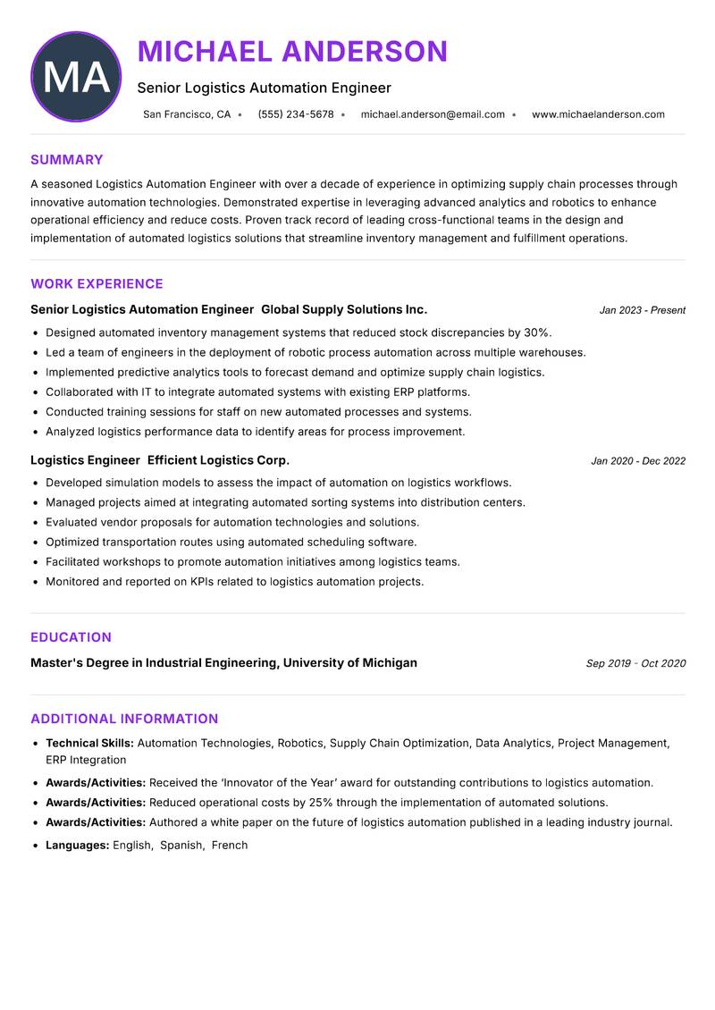Logistics Automation Engineer resume example — ATS-friendly template