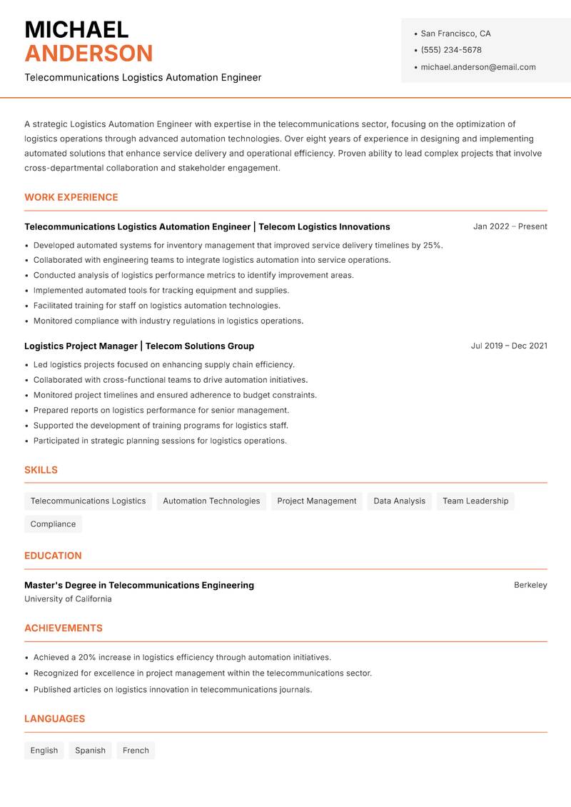 Logistics Automation Engineer resume template — Modern Professional