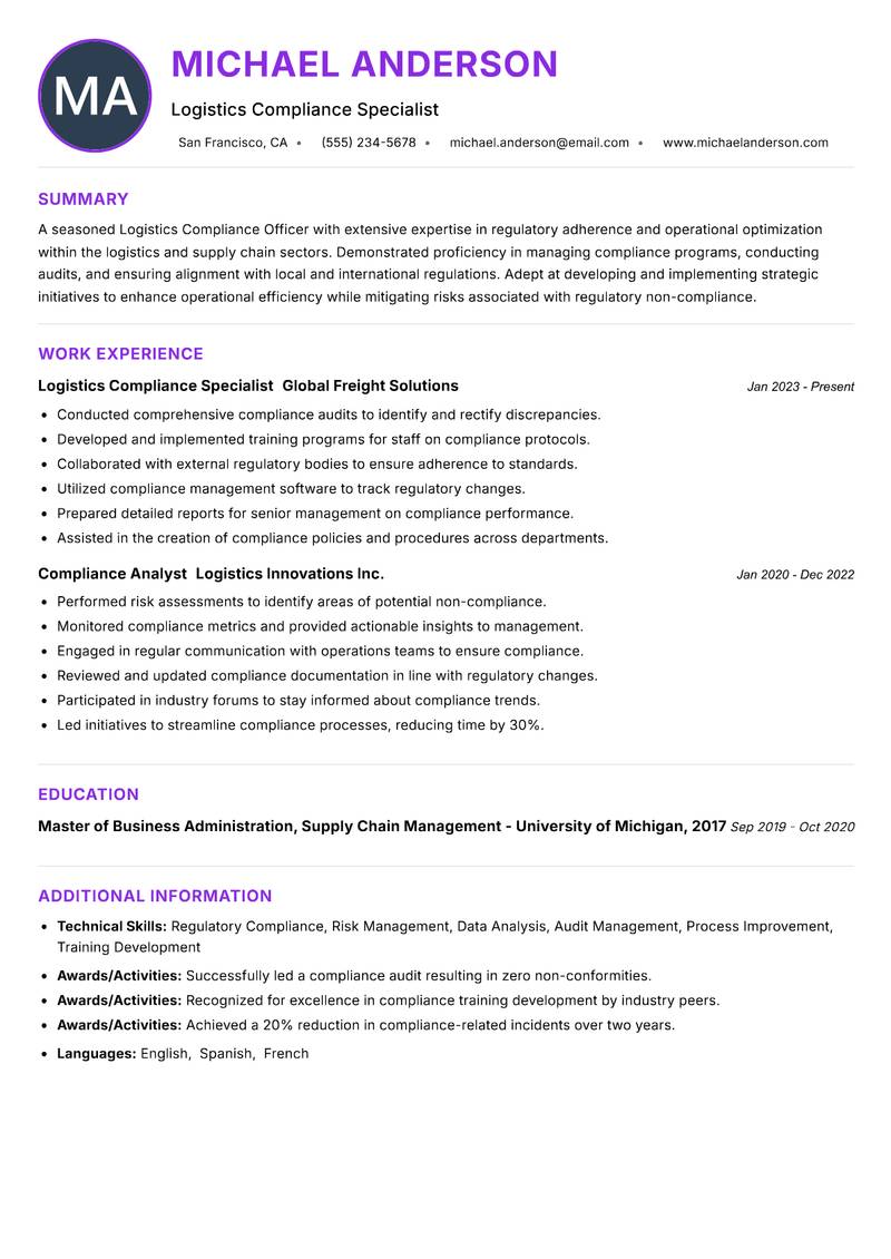 Logistics Compliance Officer resume example — ATS-friendly template