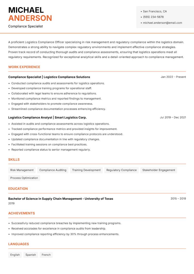 Logistics Compliance Officer resume template — Modern Professional