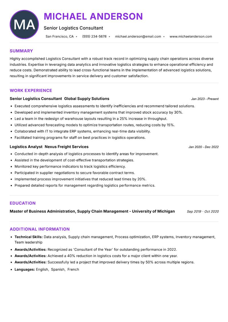 Logistics Consultant resume example — ATS-friendly template
