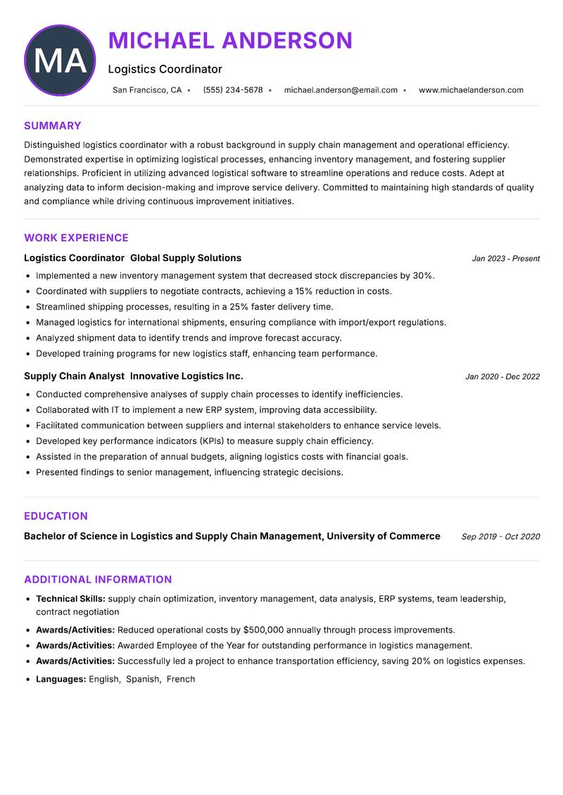 Logistics Coordinator resume example — ATS-friendly template