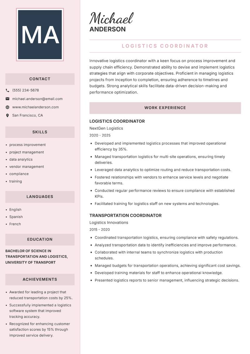 Logistics Coordinator resume template — Executive