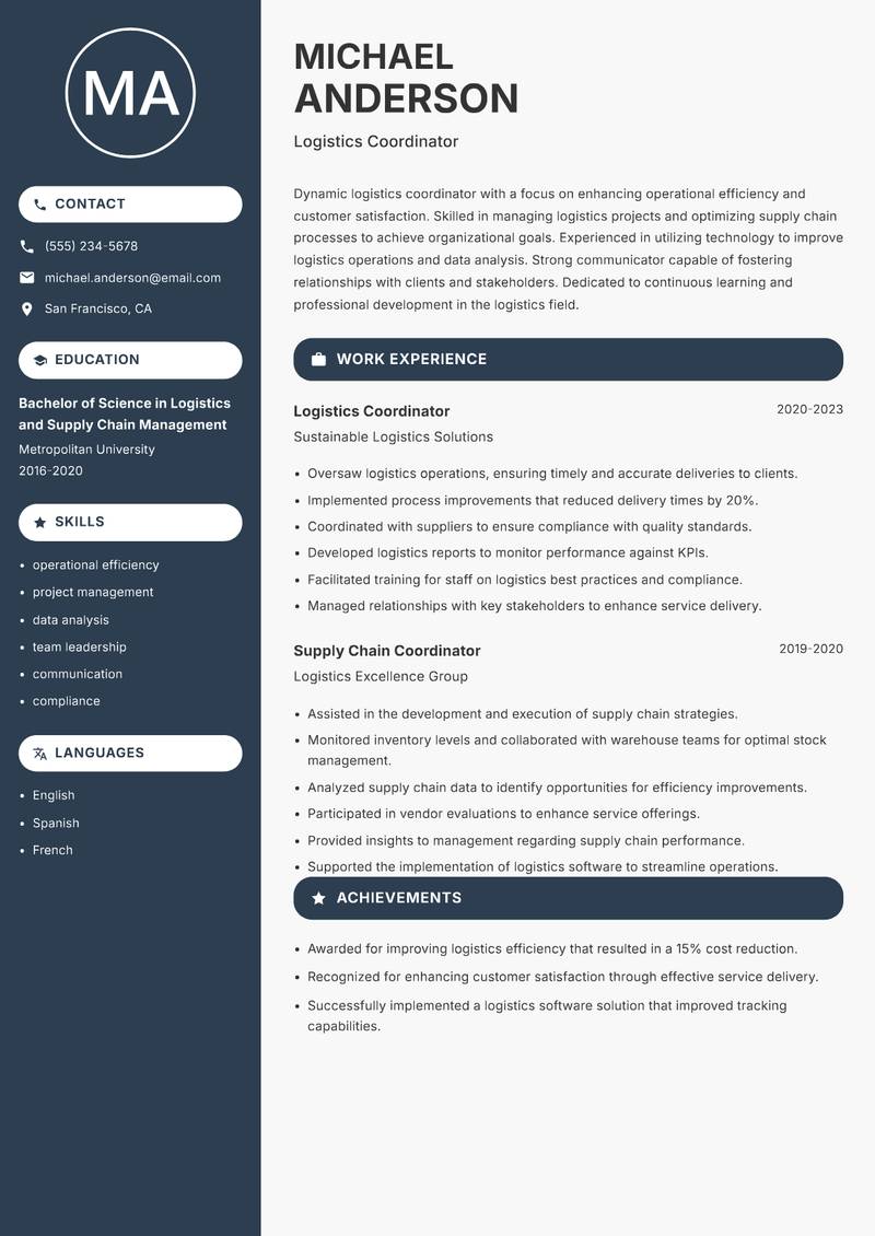 Logistics Coordinator resume template — Compact