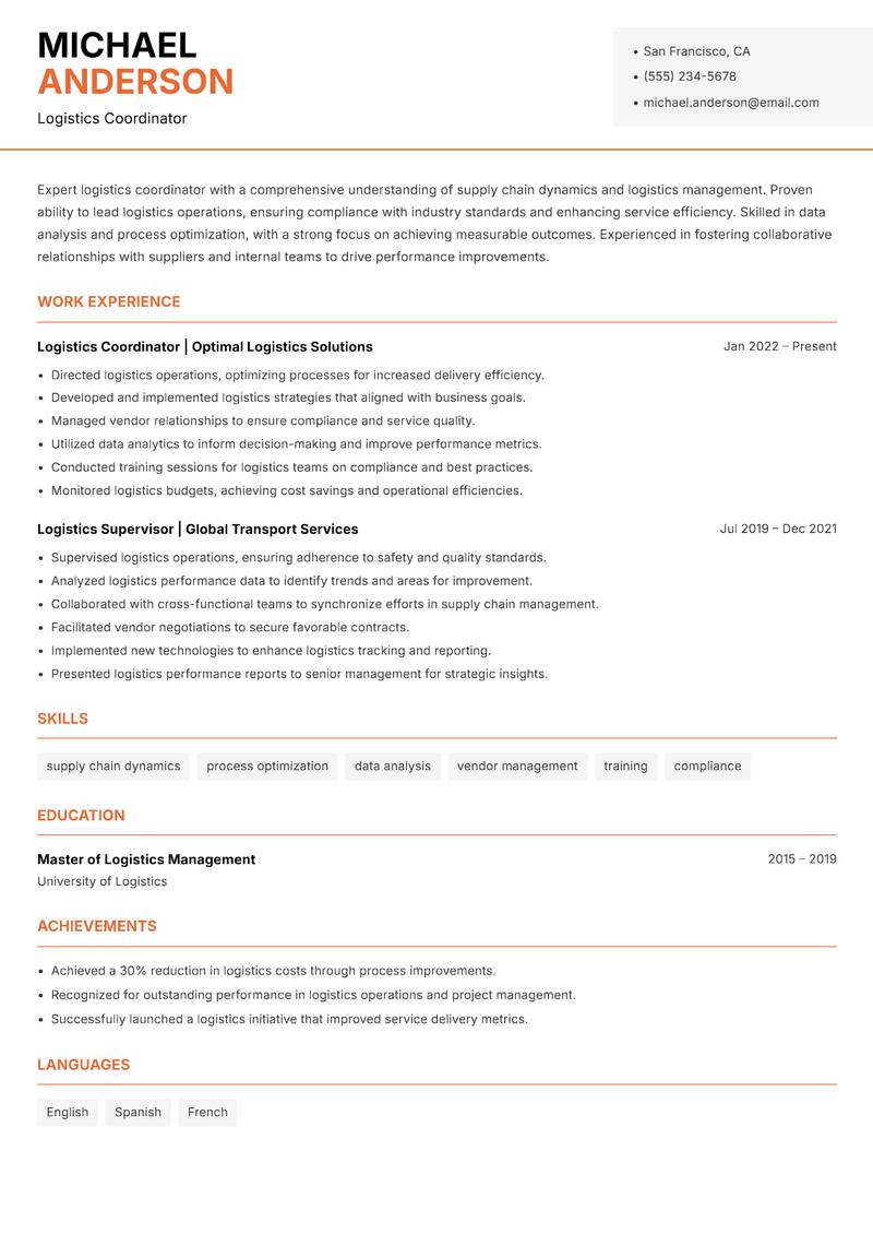 Logistics Coordinator resume template — Modern Professional