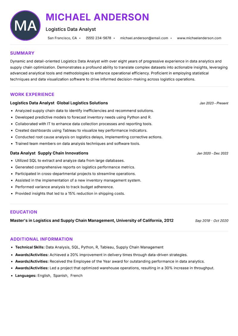 Logistics Data Analyst resume example — ATS-friendly template