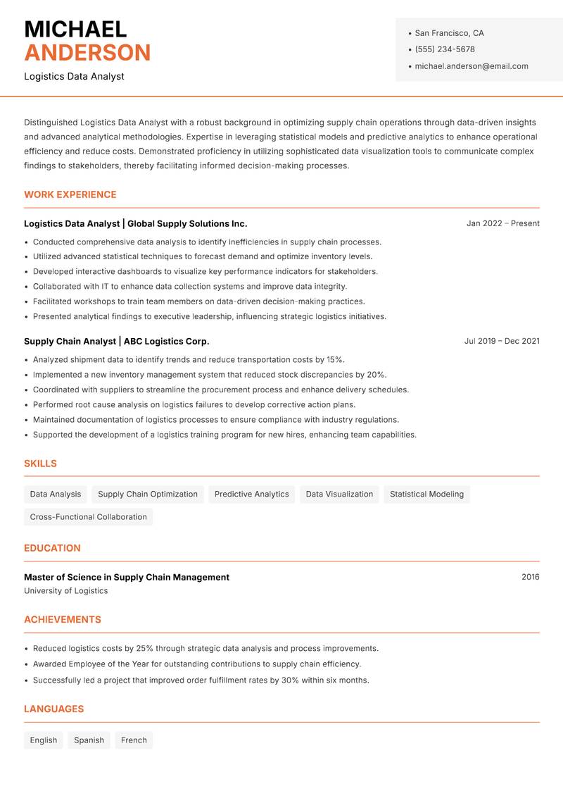 Logistics Data Analyst resume template — Modern Professional