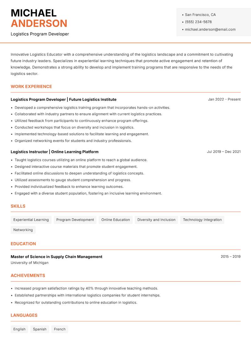 Logistics Educator resume template — Modern Professional