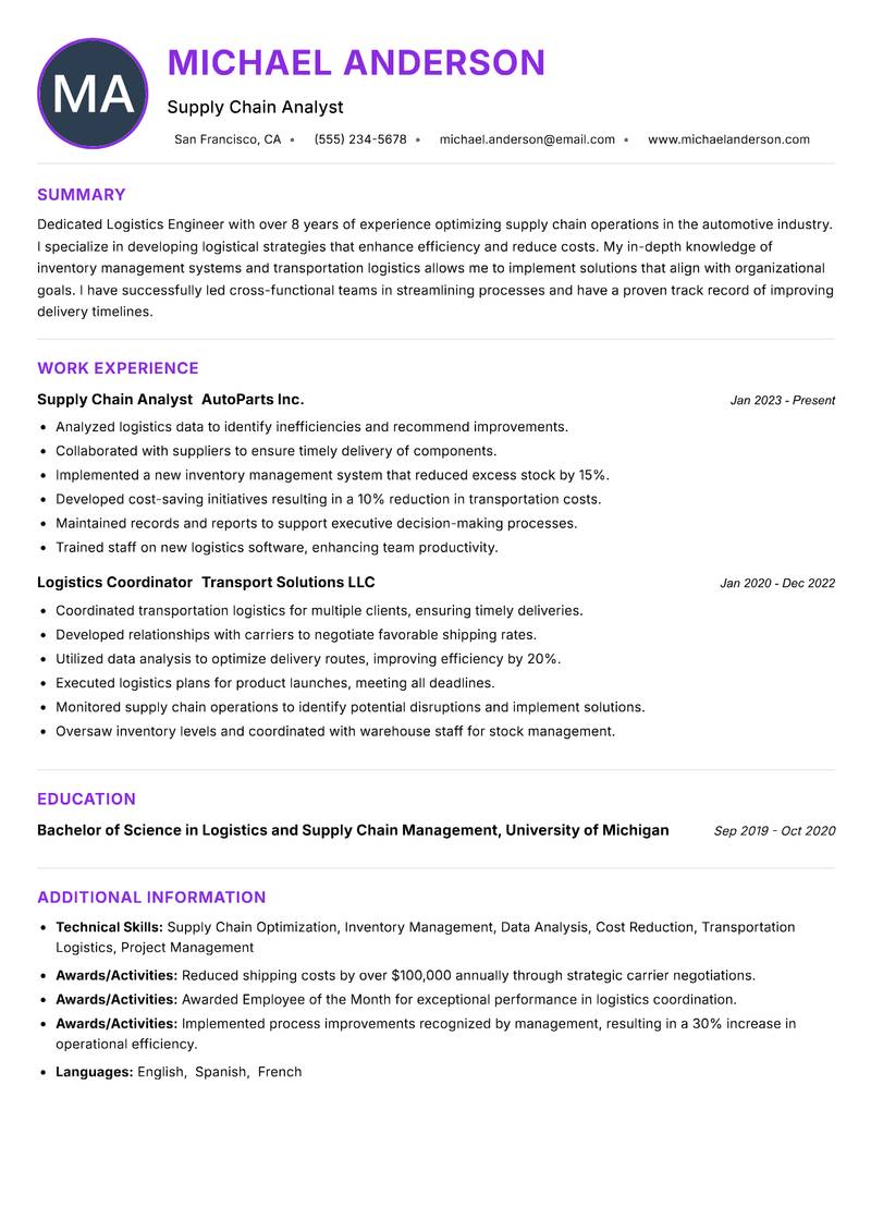 Logistics Engineer resume example — ATS-friendly template