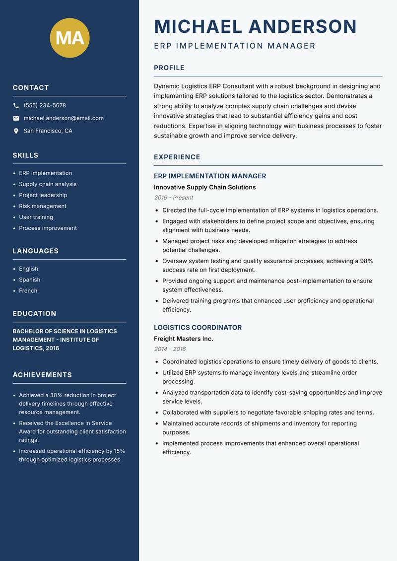 Logistics ERP Consultant resume template — Classic Clean