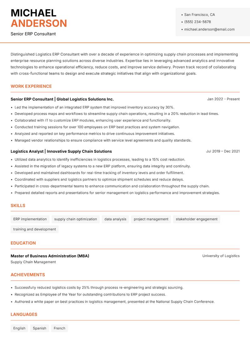 Logistics ERP Consultant resume template — Modern Professional