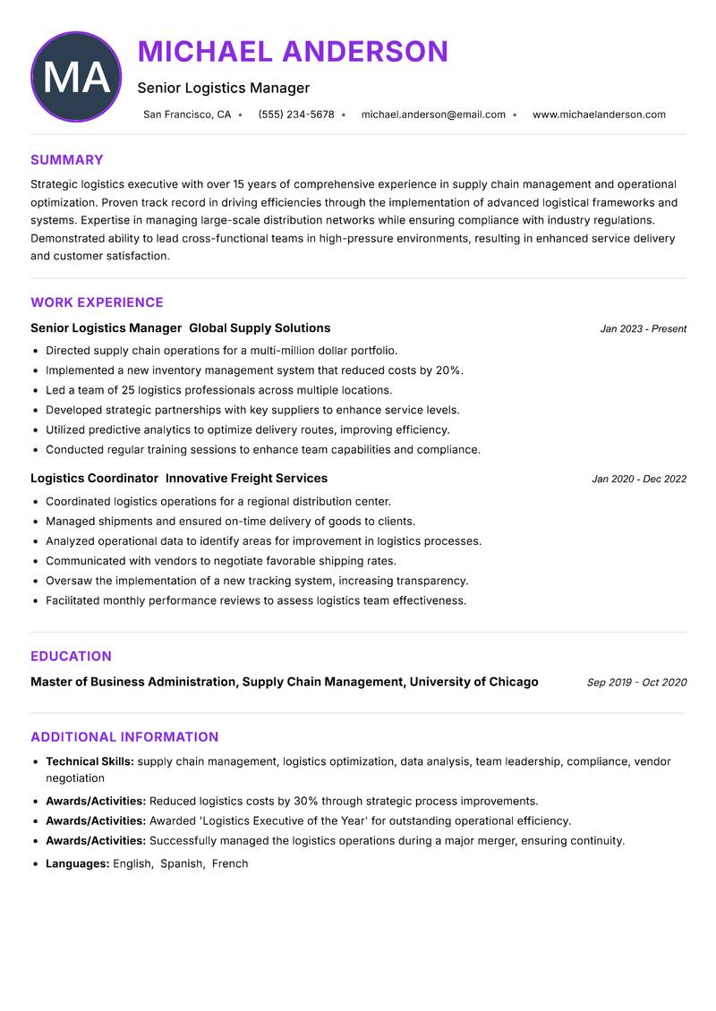Logistics Executive resume example — ATS-friendly template