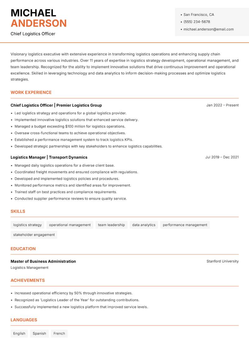 Logistics Executive resume template — Modern Professional