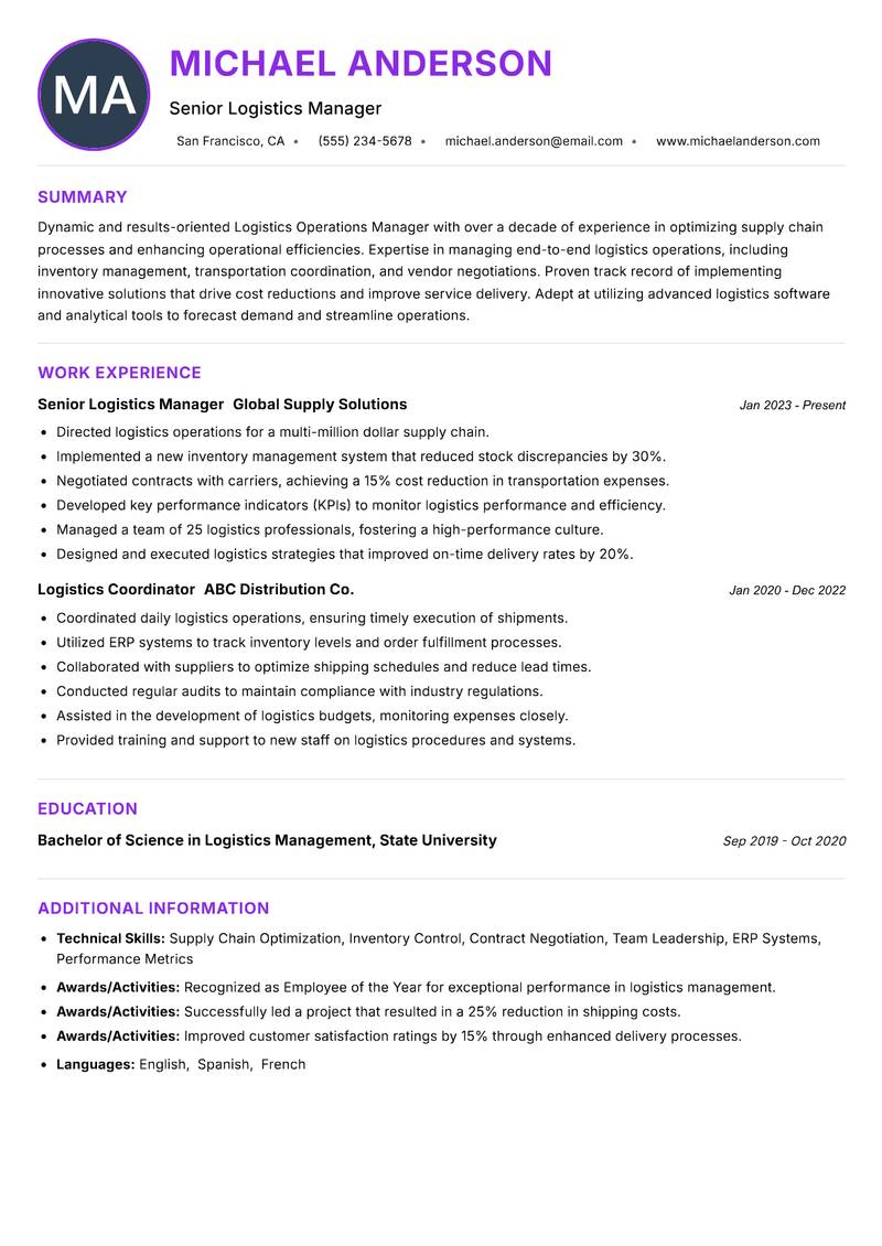 Logistics Operations Manager resume example — ATS-friendly template