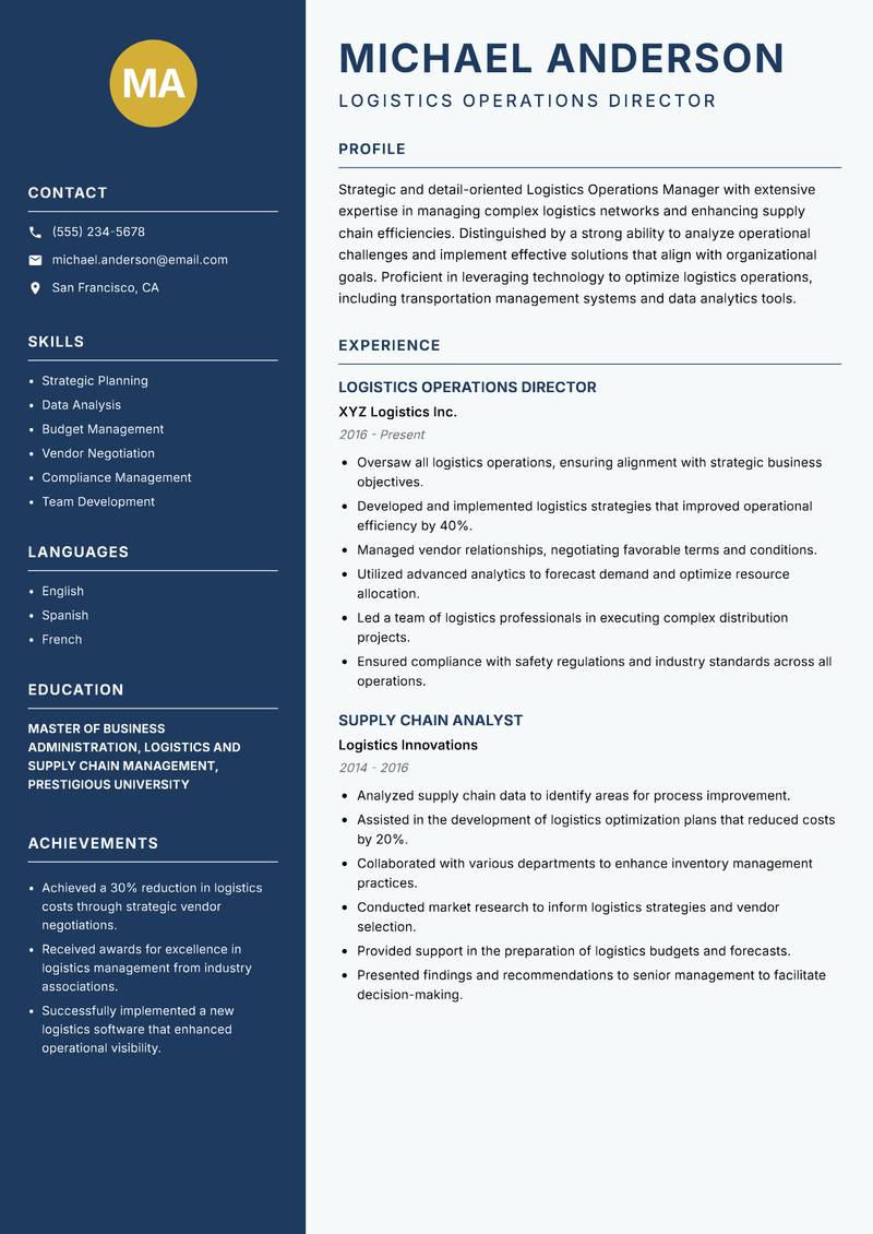 Logistics Operations Manager resume template — Classic Clean