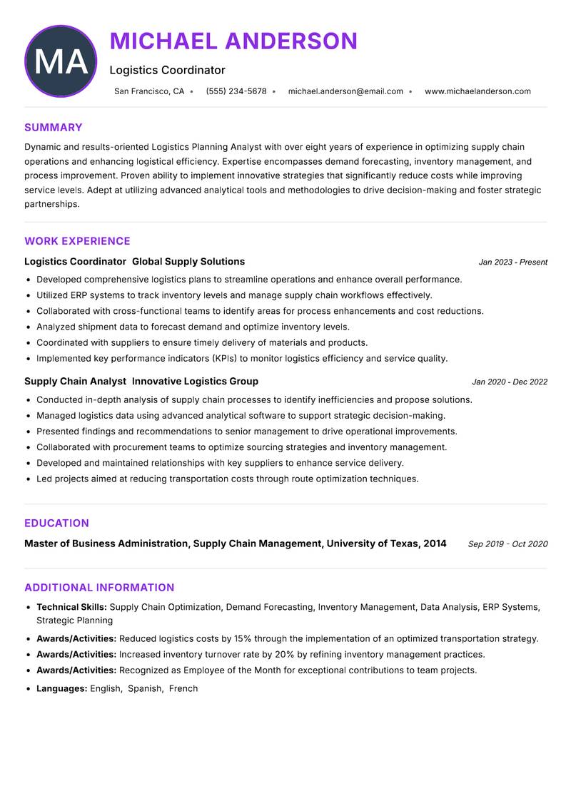 Logistics Planning Analyst resume example — ATS-friendly template