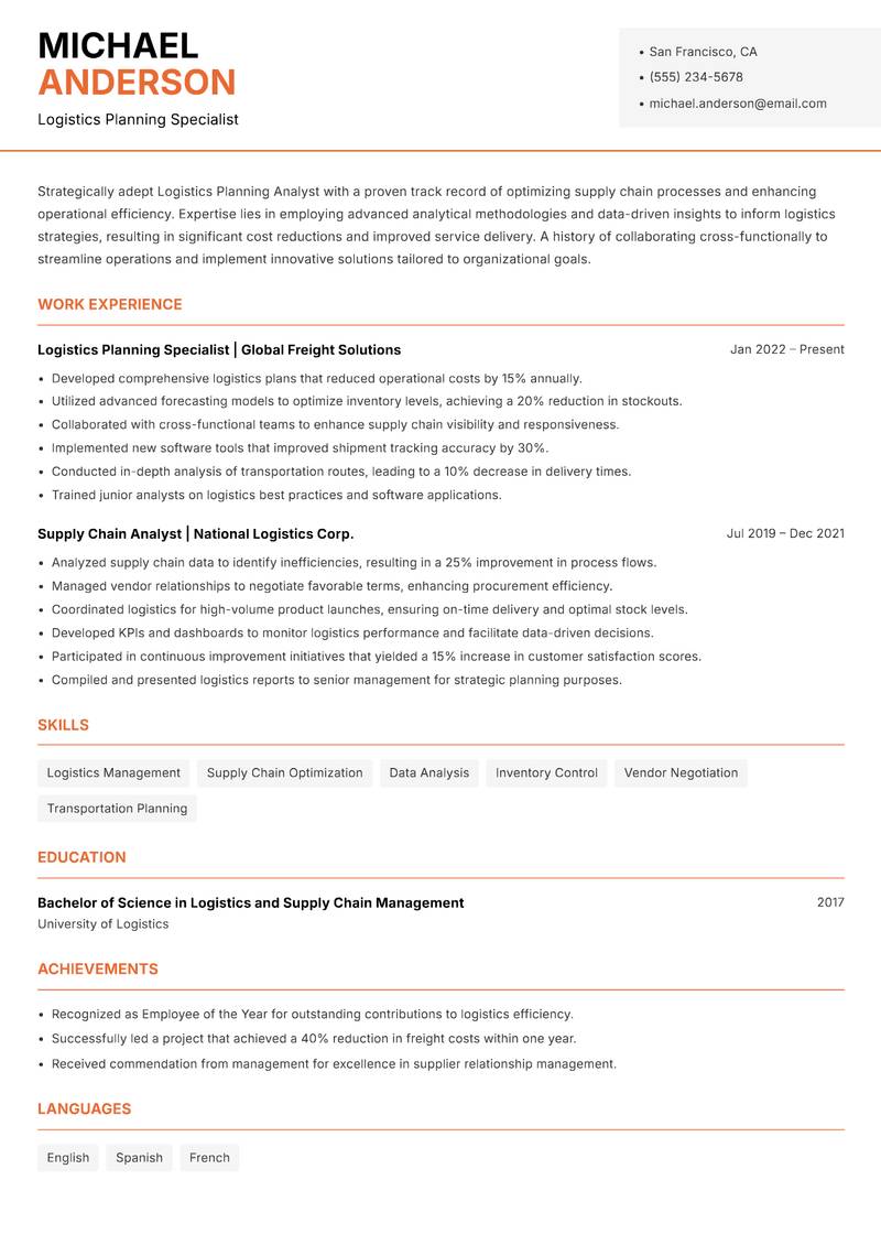 Logistics Planning Analyst resume template — Modern Professional