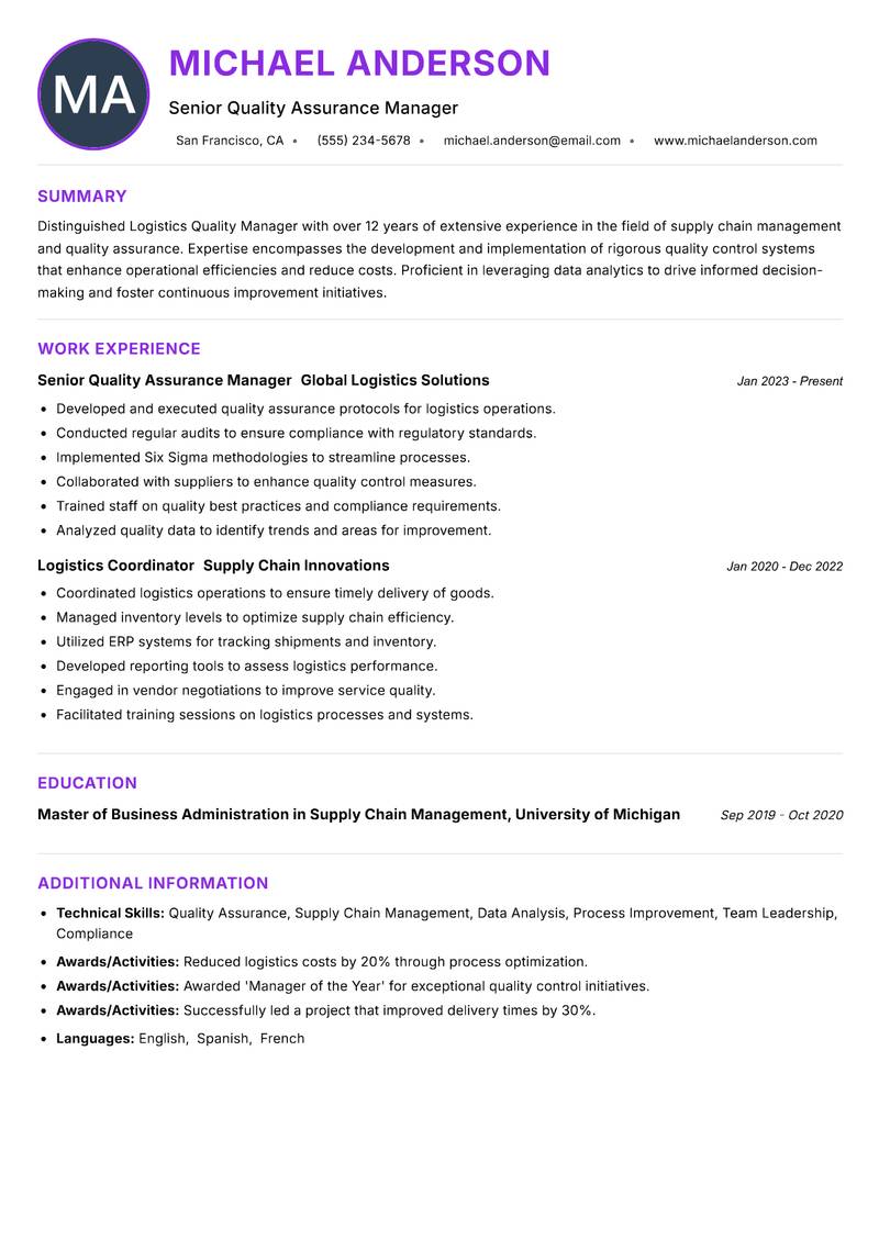 Logistics Quality Manager resume example — ATS-friendly template