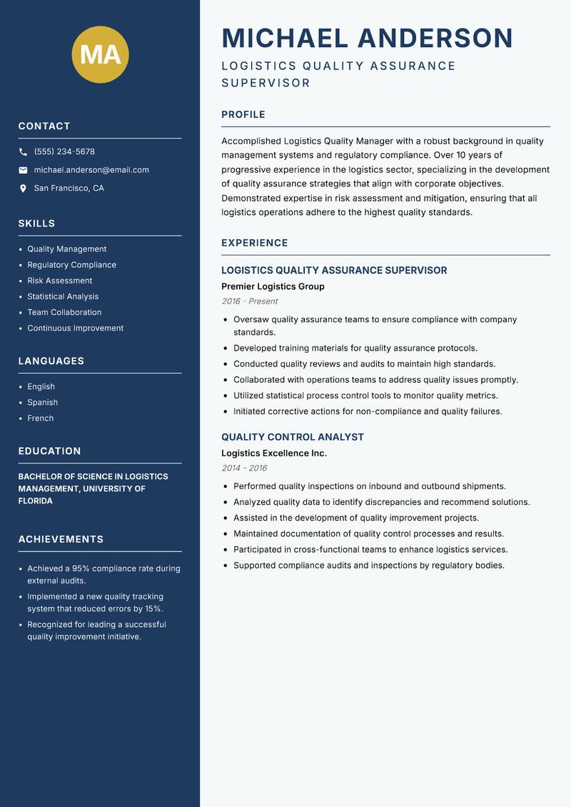 Logistics Quality Manager resume template — Classic Clean