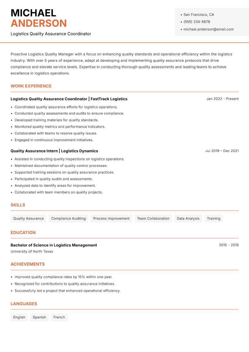Logistics Quality Manager resume template — Modern Professional