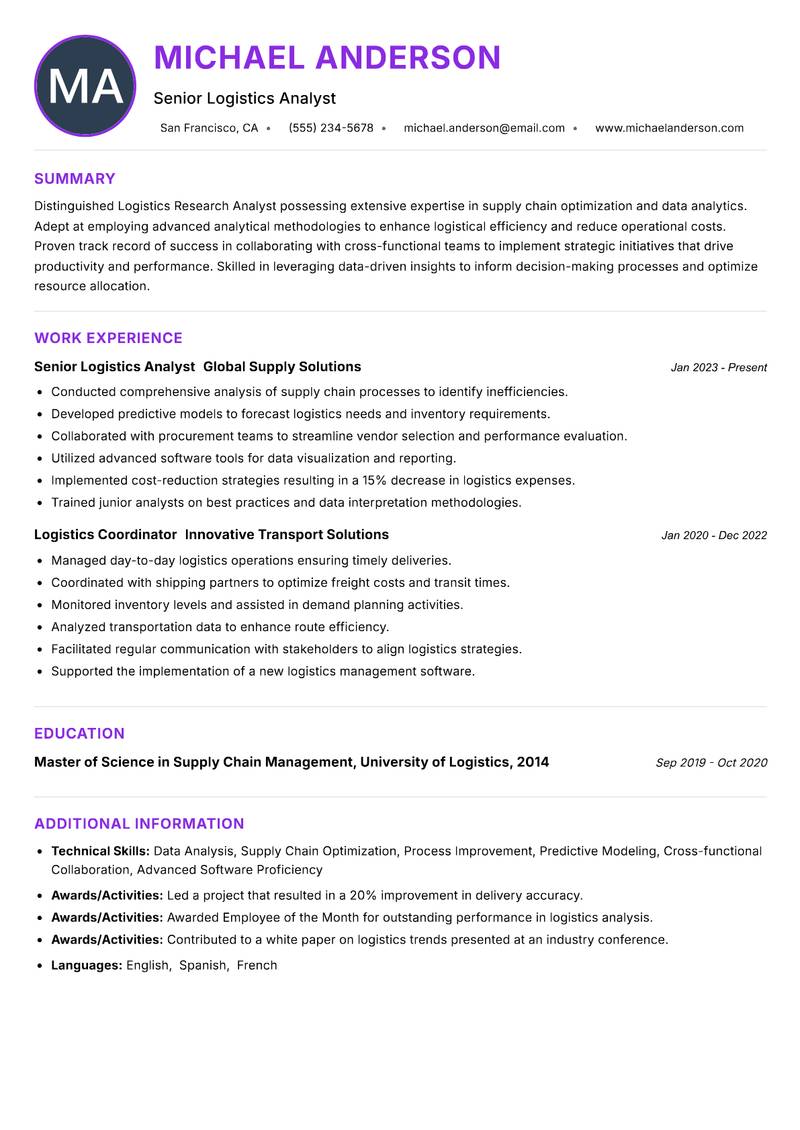 Logistics Research Analyst resume example — ATS-friendly template