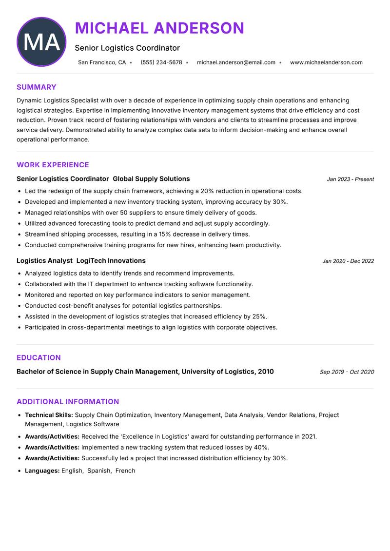 Logistics Specialist resume example — ATS-friendly template