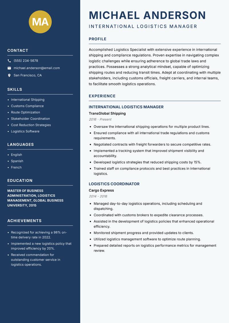 Logistics Specialist resume template — Classic Clean