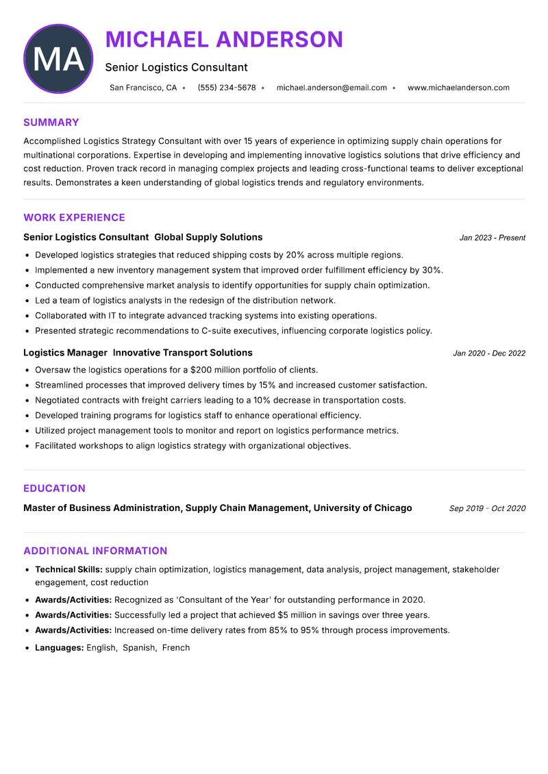 Logistics Strategy Consultant resume example — ATS-friendly template