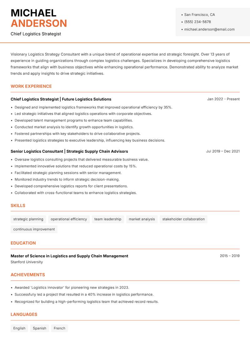 Logistics Strategy Consultant resume template — Modern Professional