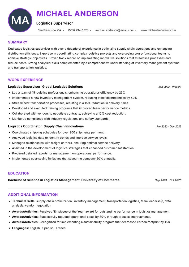 Logistics Supervisor resume example — ATS-friendly template