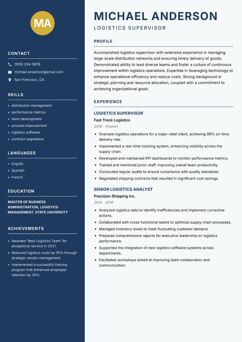 Logistics Supervisor resume template — Classic Clean