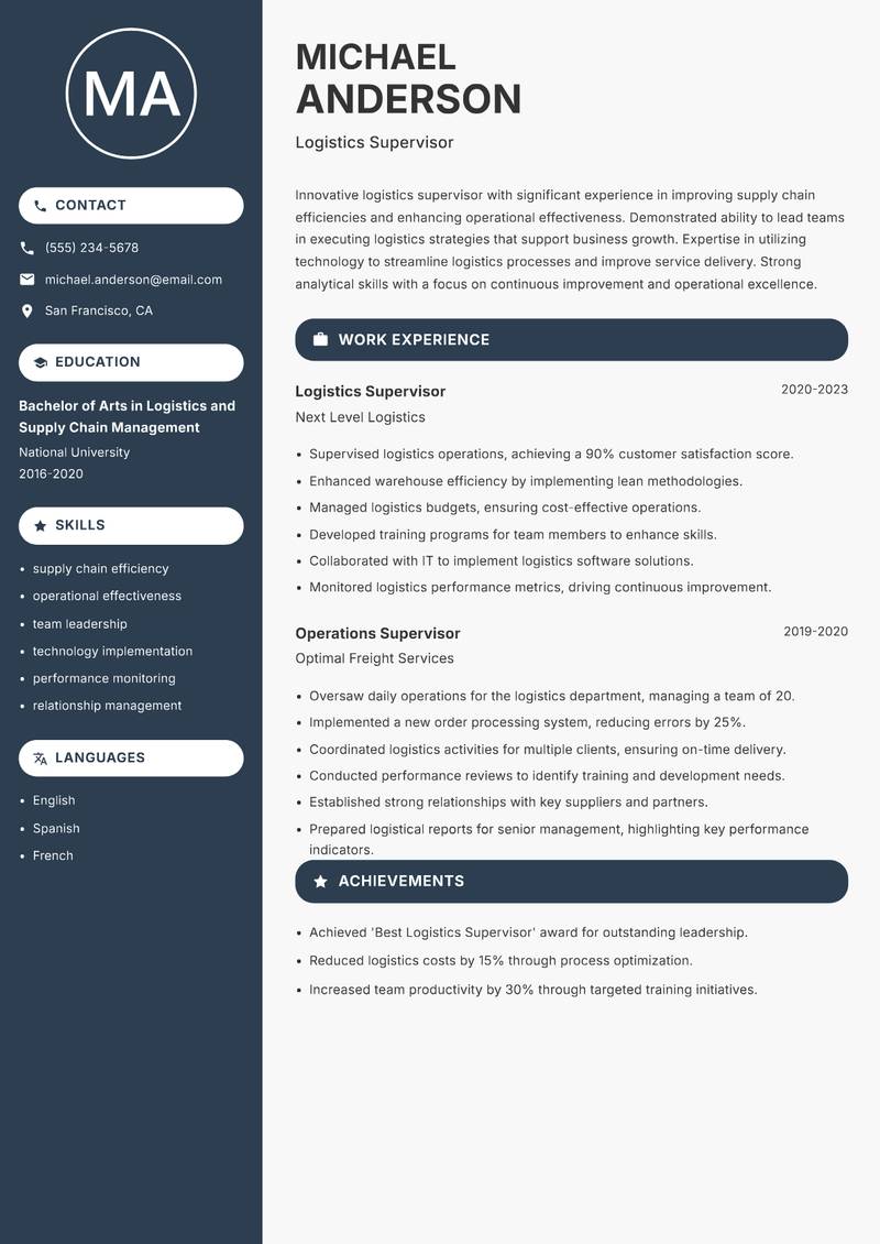 Logistics Supervisor resume template — Compact
